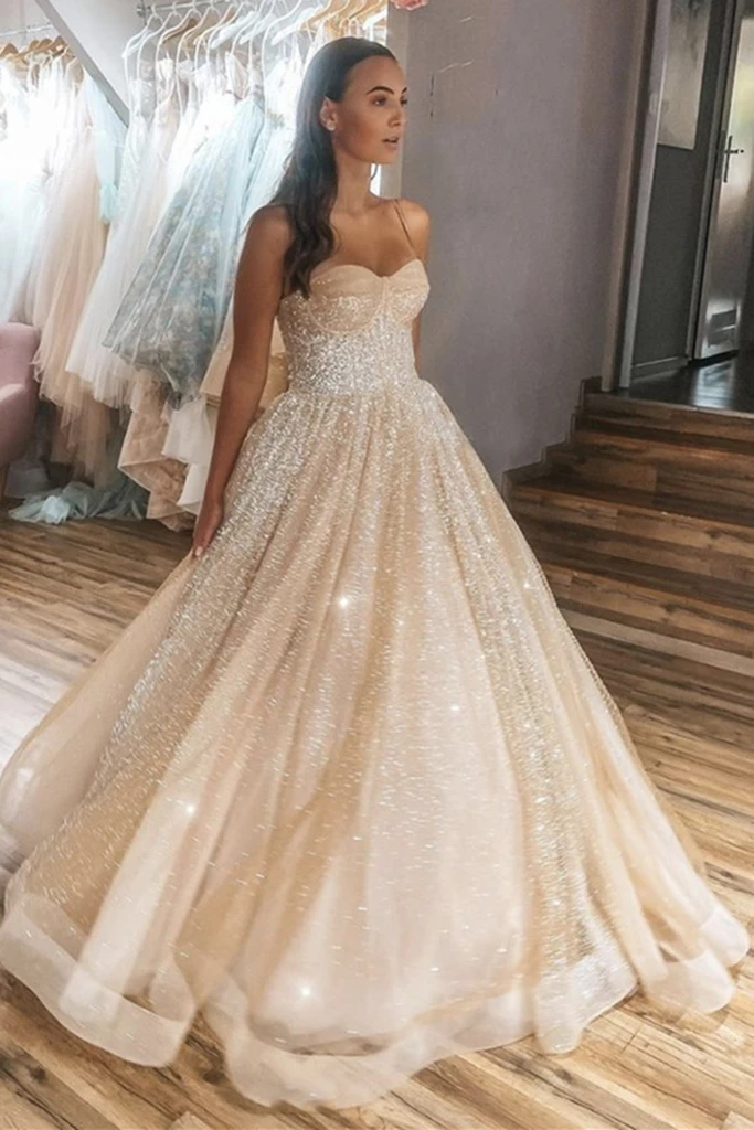 Shiny Thin Straps Champagne Long Prom Gown, Long Champagne Formal Prom Dress, Sparkly Champagne Evening Dress   cg19629