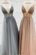 spaghetti strap smokey blue prom dresses long beaded elegant v neck tulle sexy prom gown    cg19883