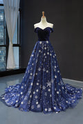 Elegant Off the Shoulder Navy Blue Prom Dress    cg20132