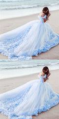 Blue Sweetheart Tulle Long Evening Dresses,  Blue Off Shoulder Prom Dresses    cg20180