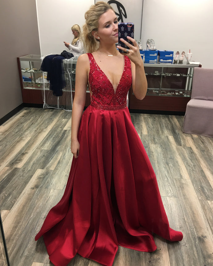Beaded Red Satin Long Prom Dress     cg20579