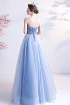 BLUE TULLE LACE LONG A LINE PROM DRESS EVENING DRESS    cg20719