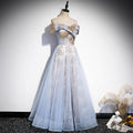 Light Blue Tulle With Gold Sequins Off Shoulder Prom Dress    cg21075
