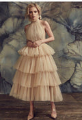 Tulle High-Neck Champagne Prom Gown with Tiered Skirt    cg21168