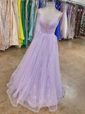 A Line V Neck Purple Lace Long Prom Dresses, Lilac Lace Long Formal Evening Dresses    cg21321
