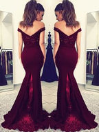 Charming Burgundy Off Shoulder Elastic Satin Long Mermaid Lace Prom Dresses    cg21390