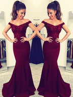 Charming Burgundy Off Shoulder Elastic Satin Long Mermaid Lace Prom Dresses    cg21390