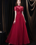 High Neck Burgundy Tulle Beading Evening Dress with Short Sleeves Prom Dress    cg21394