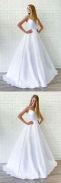 Simple A Line White Satin Long Wedding Prom Dress, Cheap White Formal Graduation Evening Dress     cg21437