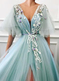 Unique Long Tulle V Neck Lace Cap Sleeve Long Prom Dress, Evening Dress    cg21478