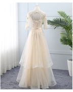 Light Champagne Tulle Lace Short Sleeves Wedding Party Dress, A-Line Long Formal Dress Prom Dress    cg21534