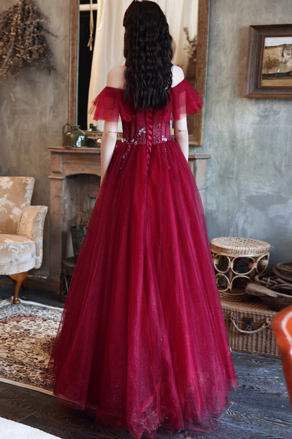 BURGUNDY TULLE LONG A LINE PROM DRESS EVENING DRESS     cg21815
