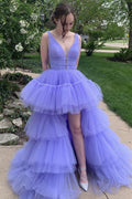 Purple v neck tulle long A line prom dress evening dress    cg21954