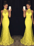 Halter Lace Evening Dresses Yellow Lace Dresses Evening Prom Dresses Formal Evening Gowns    cg22179