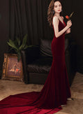 Charming V-Neckline Mermaid Velvet Evening Gown Wedding Party Dress, Dark Red Long Prom Dress     cg22572