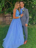 Blue one shoulder sequin tulle long prom dress blue evening dress     cg22574