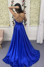 Blue satin long A line prom dress blue evening dress        cg22958