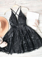 Red v neck tulle lace short dress, red homecoming dress       cg22970