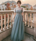 BLUE TULLE BEADS LONG A LINE PROM DRESS EVENING DRESS     cg23056