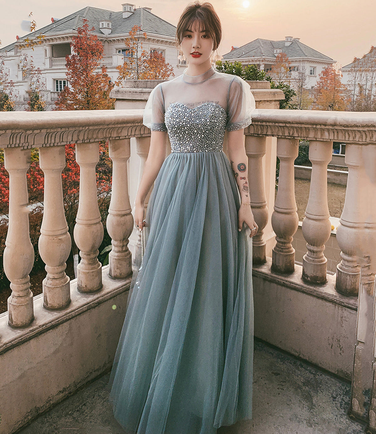 BLUE TULLE BEADS LONG A LINE PROM DRESS EVENING DRESS     cg23056
