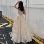 Champagne Lace V-Neckline Tulle Long Evening Dress Prom Dress, A-Line Lace Formal Dresses     cg23065