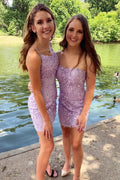 lavender lace short tight homecoming dresses       cg23255