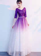 Gradient Purple And White V-Neckline Short Sleeves Party Dresses prom dress evening dress            cg23424