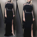 Black Evening Dress, Beaded Evening Dress, High Neck Evening Dress prom dress with long sleeves         cg23474