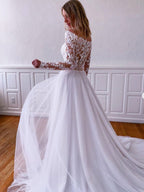 White lace tulle long prom dress, white lace tulle evening dress      cg23701