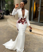 Elegant White Mermaid Formal Evening Dresses African Deep V-Neck Long Sleeve Appliques Red Lace Fashion Prom Party Dress Wear       cg24624