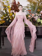 Sweet Strapless Sheath Long Prom Dresses Tulle Pink Evening Dresses cg26123