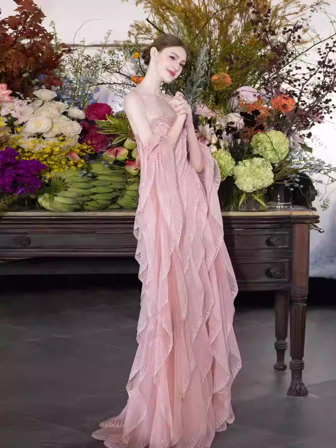 Sweet Strapless Sheath Long Prom Dresses Tulle Pink Evening Dresses cg26123