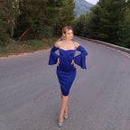 Blue Off The Shoulder Long Sleeve Prom Dress Sweetheart Sexy Open Back Sheath Knee Length Satin Cocktail Dresses  cg6617