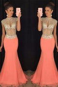 O-Neck Beaded Chiffon Prom Dress Sexy See Through Mermaid Evening Dress  cg6855