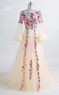 Red Yellow Floral Print A Line Scoop Floor Length Long Prom Dress  cg7110