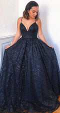 A Line V Neck Dark Navy Long Prom Formal Dresses With Appliques  cg7146