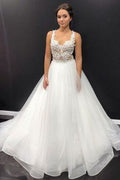 White Lace A Line Full Length Tulle Wedding Dress, Formal Prom Dress  cg7151