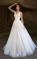 V-Neck Sleeveless Deep-V-Back A-Line Tulle prom Dress With Ruching and Appliques  cg7187