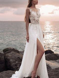 Split A Line Round Neck Chiffon Lace Long Wedding prom Dresses  cg7333