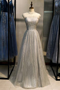 Gray Sequins Tulle O Neck Cap Sleeve Long Formal Prom Dress, Evening Dress  cg7537