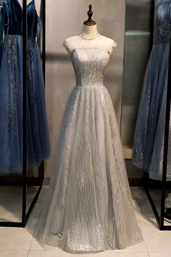 Gray Sequins Tulle O Neck Cap Sleeve Long Formal Prom Dress, Evening Dress  cg7537