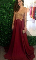 Burgundy Sheer Long Sleeves Prom Dresses Long Sleeves Lace Appliques Top Long Evening Gowns  cg7393