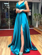 A-Line Spaghetti Straps Long Turquoise Prom Dress with Split  cg7445