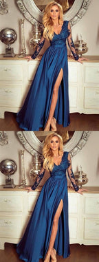 Long Sleeves V Neck Blue Lace Prom Dresses, Long Sleeves Blue Lace Formal Evening Dresses  cg7544