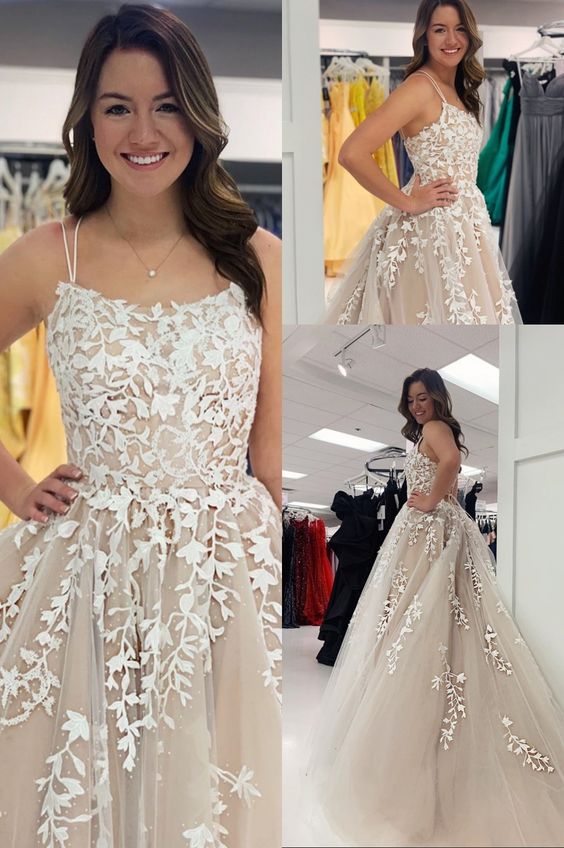 modest light champagne prom dresses. chic lace prom gowns  cg7669