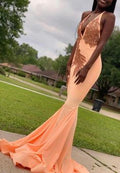 Halter Satin Mermaid Long Prom Dresses Deep V Neck Lace Applique Beaded Sweep Train Evening Party Gowns  cg7716