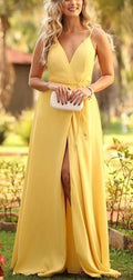Yellow Spaghetti Strap V-neck With Belt Sexy prom Dresses  cg7757