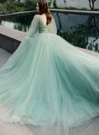 GREEN V NECK TULLE LONG PROM DRESS GREEN EVENING DRESS  cg7827