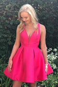 A-Line Deep V-Neck Criss-Cross Fuchsia Satin Homecoming Dress Cocktail Dresses  cg8029