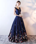 Navy Blue Satin and Floral Floor Length Party Gowns, Prom Dresses  cg8046